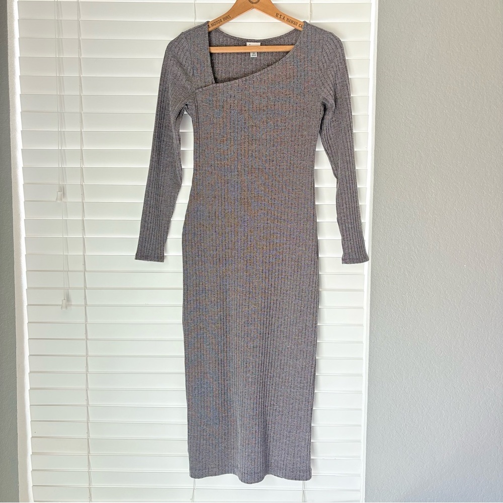 A New Day Women’s Gray Long Sleeve Ribbed Bodycon Knit Midi Dress Size XS